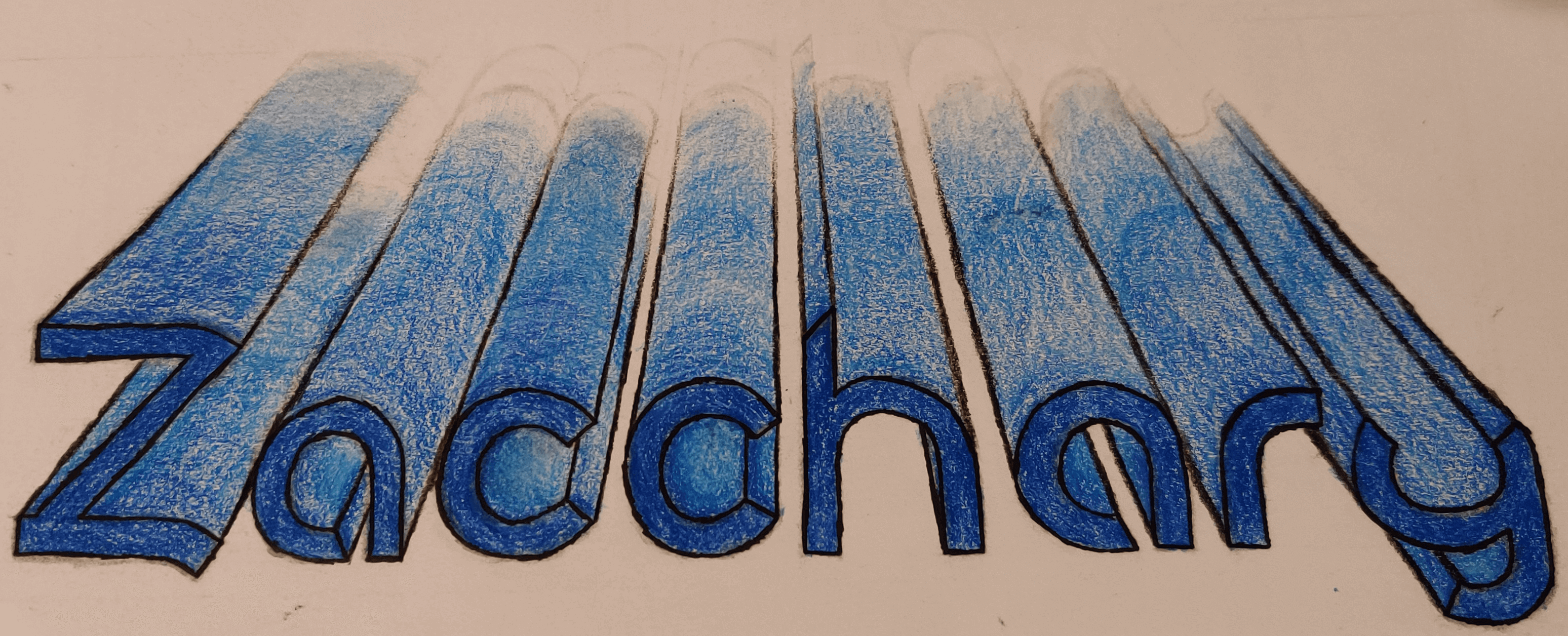 A 3-dimensional perspective drawing of my first name in blue