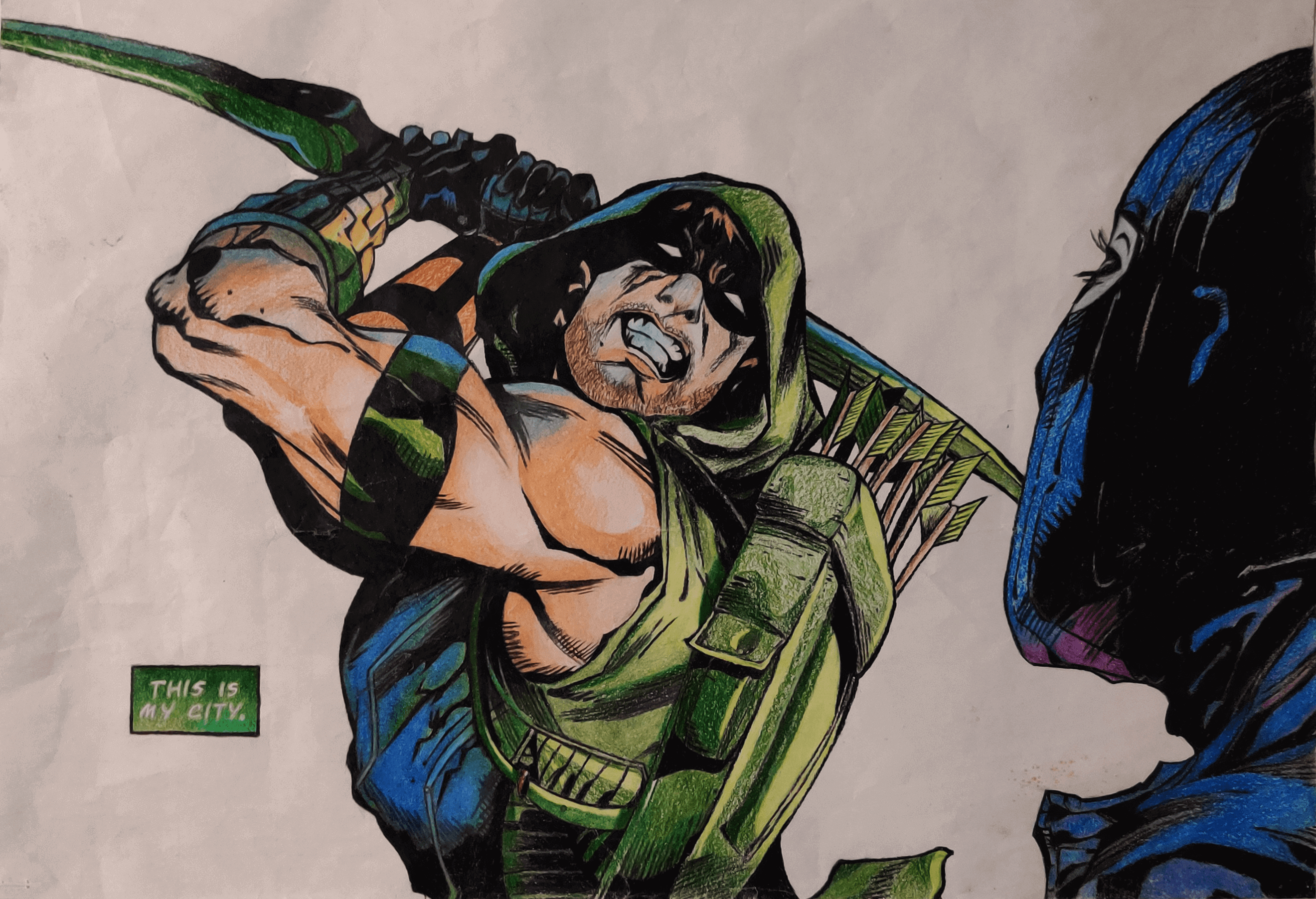 A pencil-crayon illustration of a page from an Arrow comic.