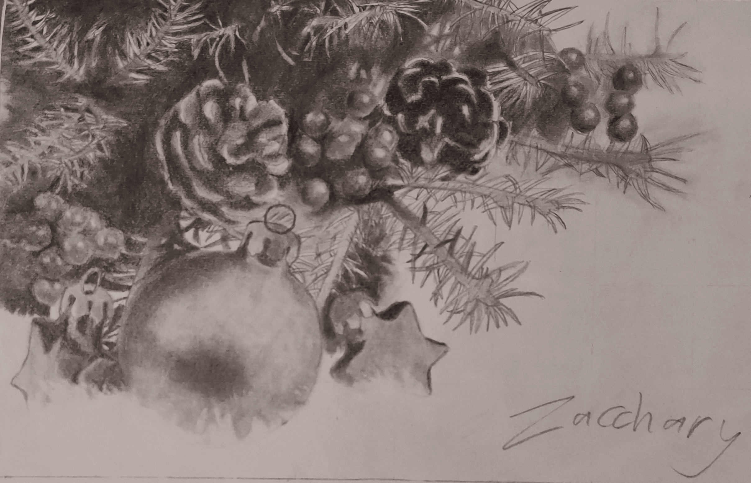 A value drawing of a small Christmas scene.