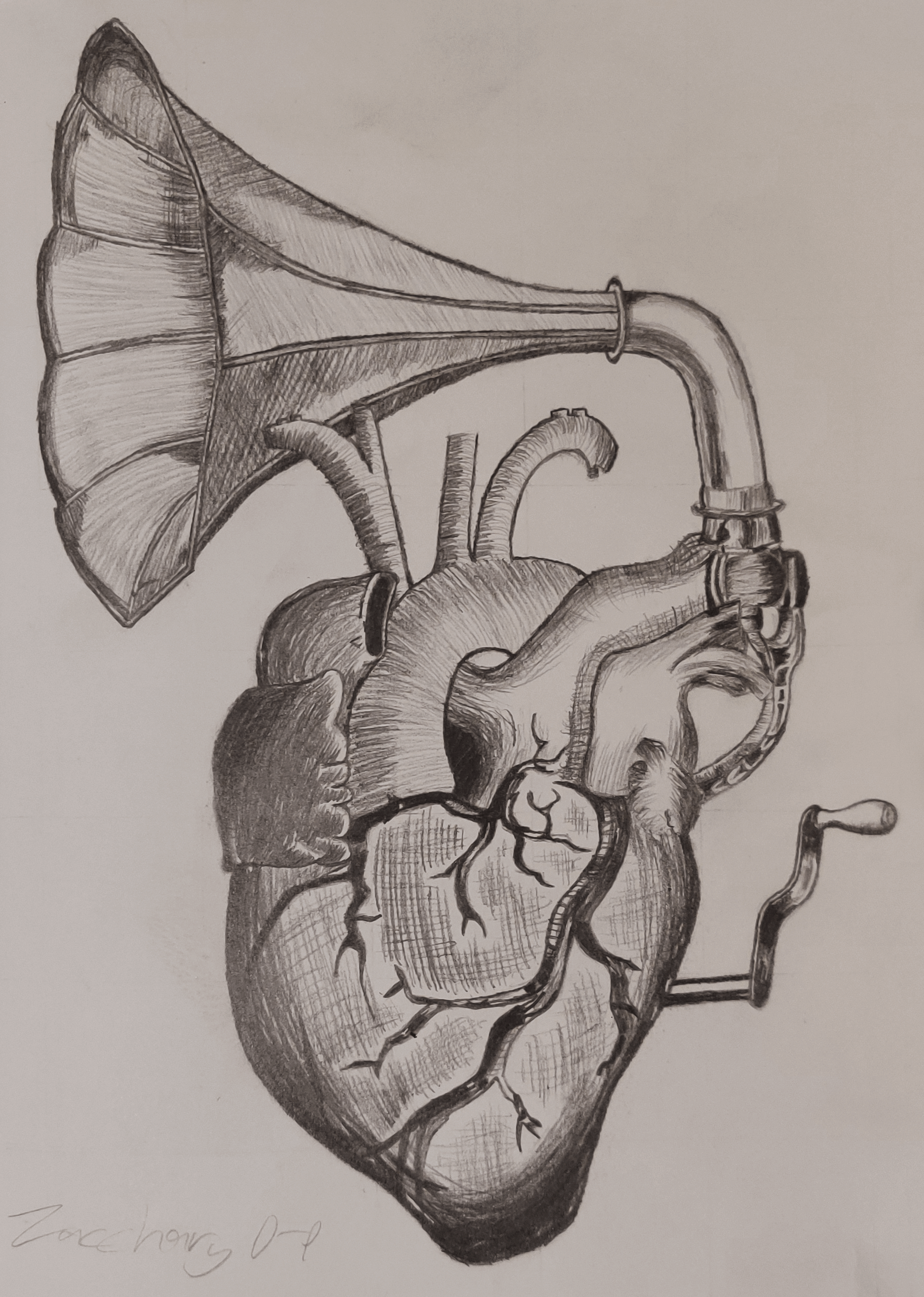 A hatching drawing of a heart with a gramophone horn coming from the top.