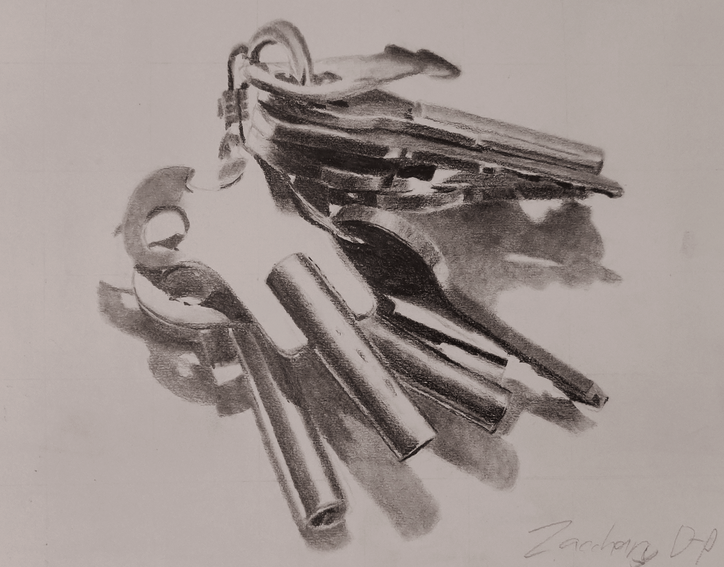A drawing of a set of old keys resting on a windowsill.