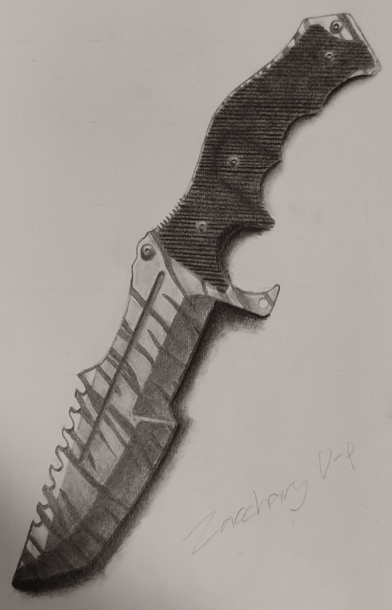 A pencil drawing of a Huntsman knife with a tiger stripe pattern.