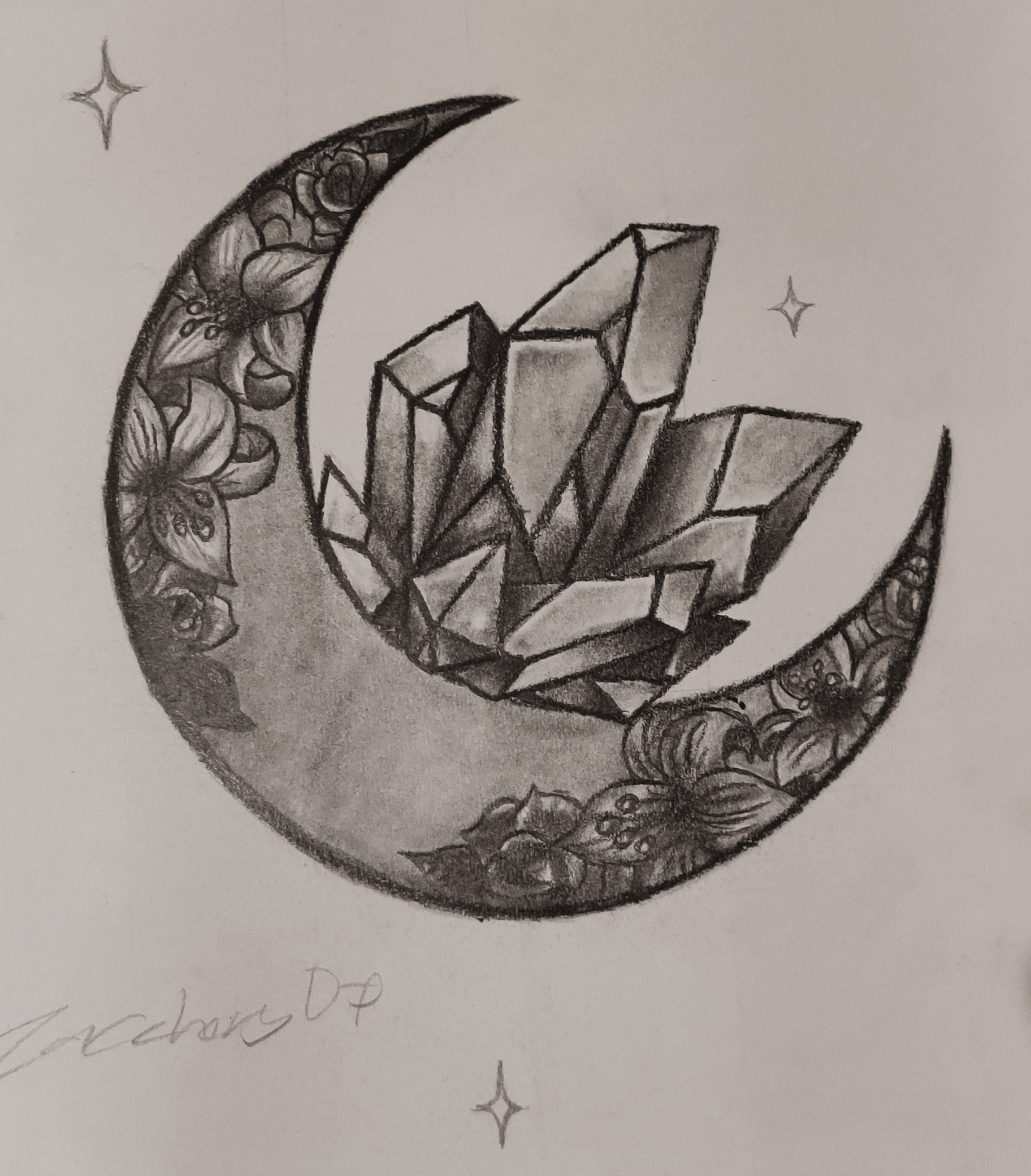 A pencil illustration of a crescent moon with a crystal and flowers.