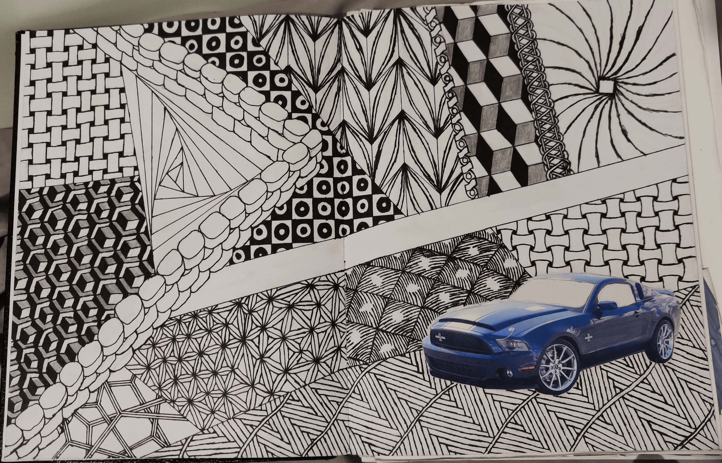 A two-page Zentangle drawing with 17 or so different Zentangle patterns and a cutout of a blue Mustang.