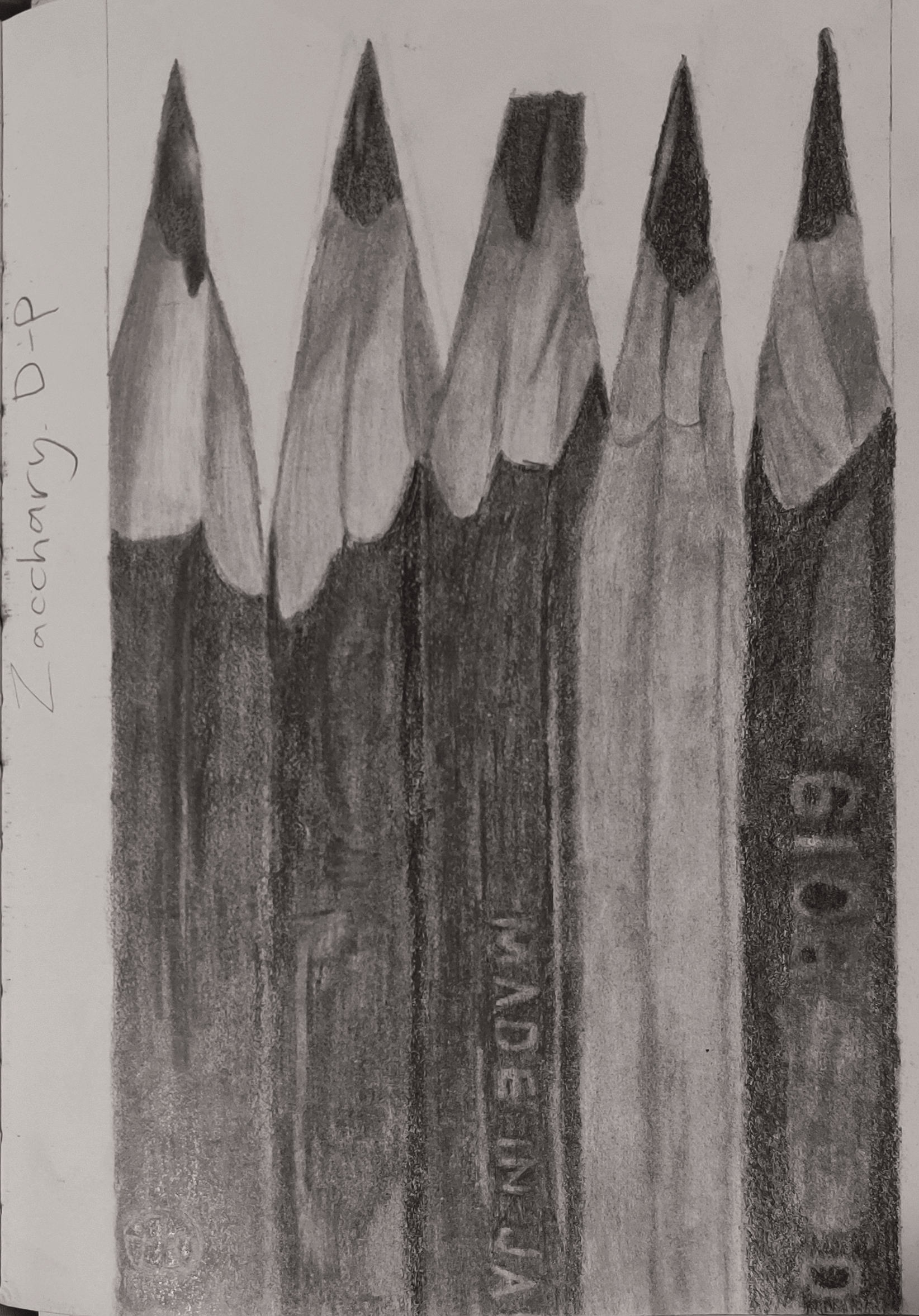 A drawing of 5 pencils side-by-side.
