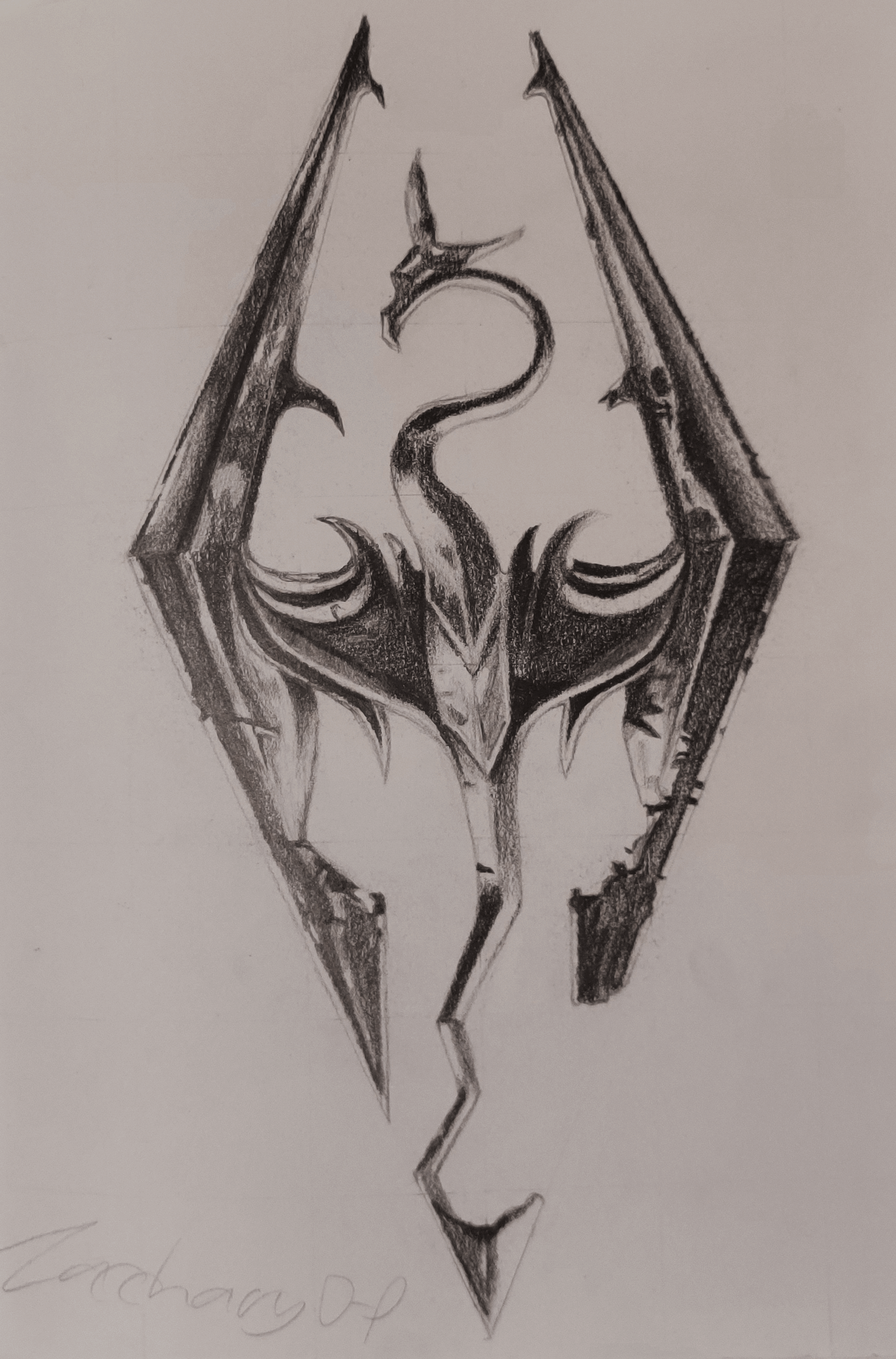 A pencil drawing of the Skyrim logo.