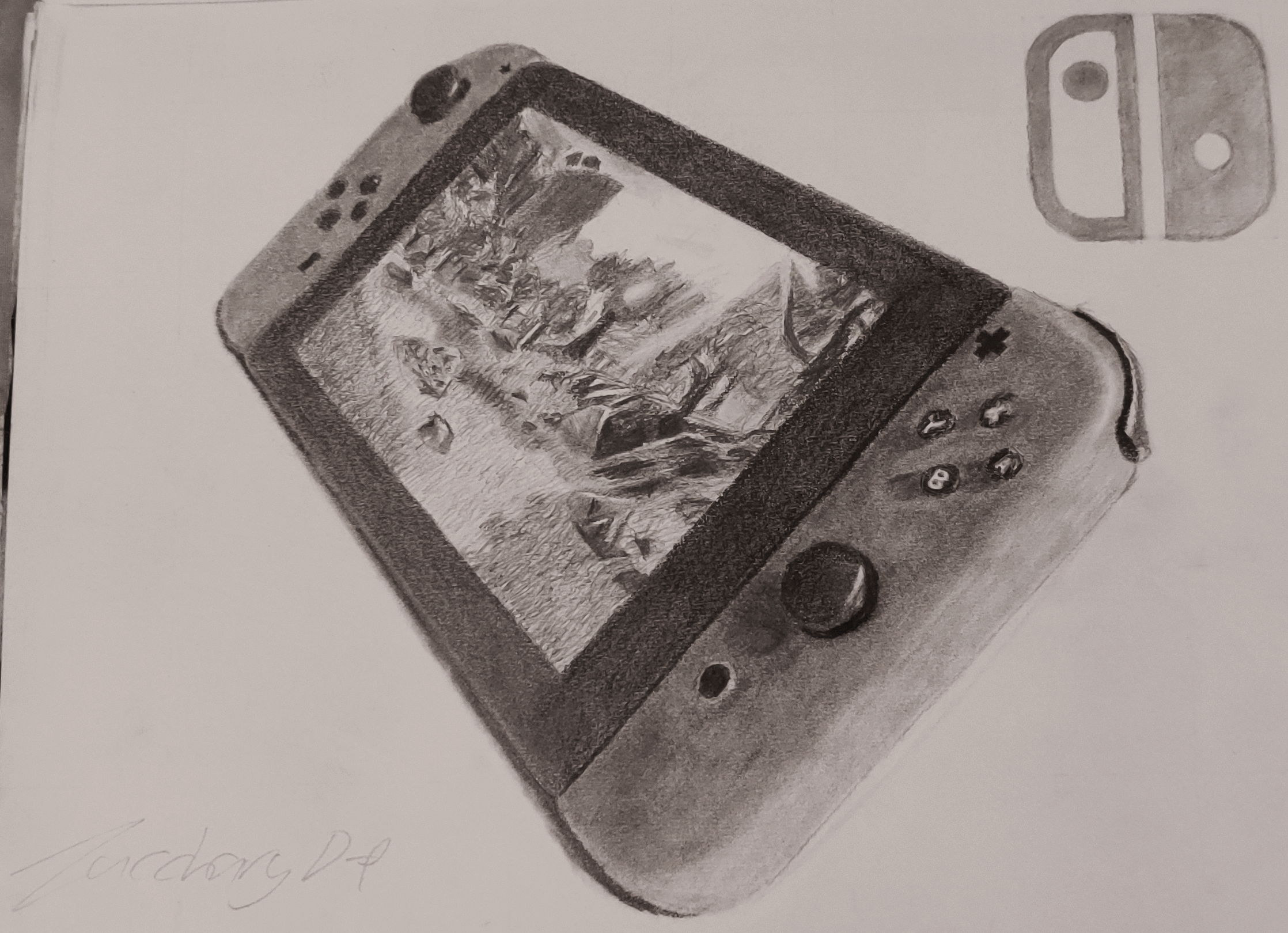 A perspective value drawing of a Nintendo Switch playing ‘The Legend of Zelda: Breath of the Wild’.