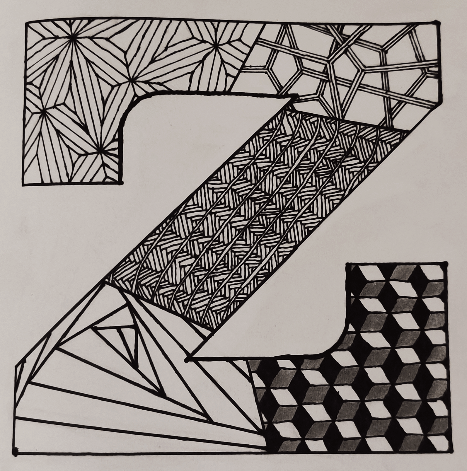 A block-text drawing of the letter ‘Z’ filled in with Zentangle patterns.