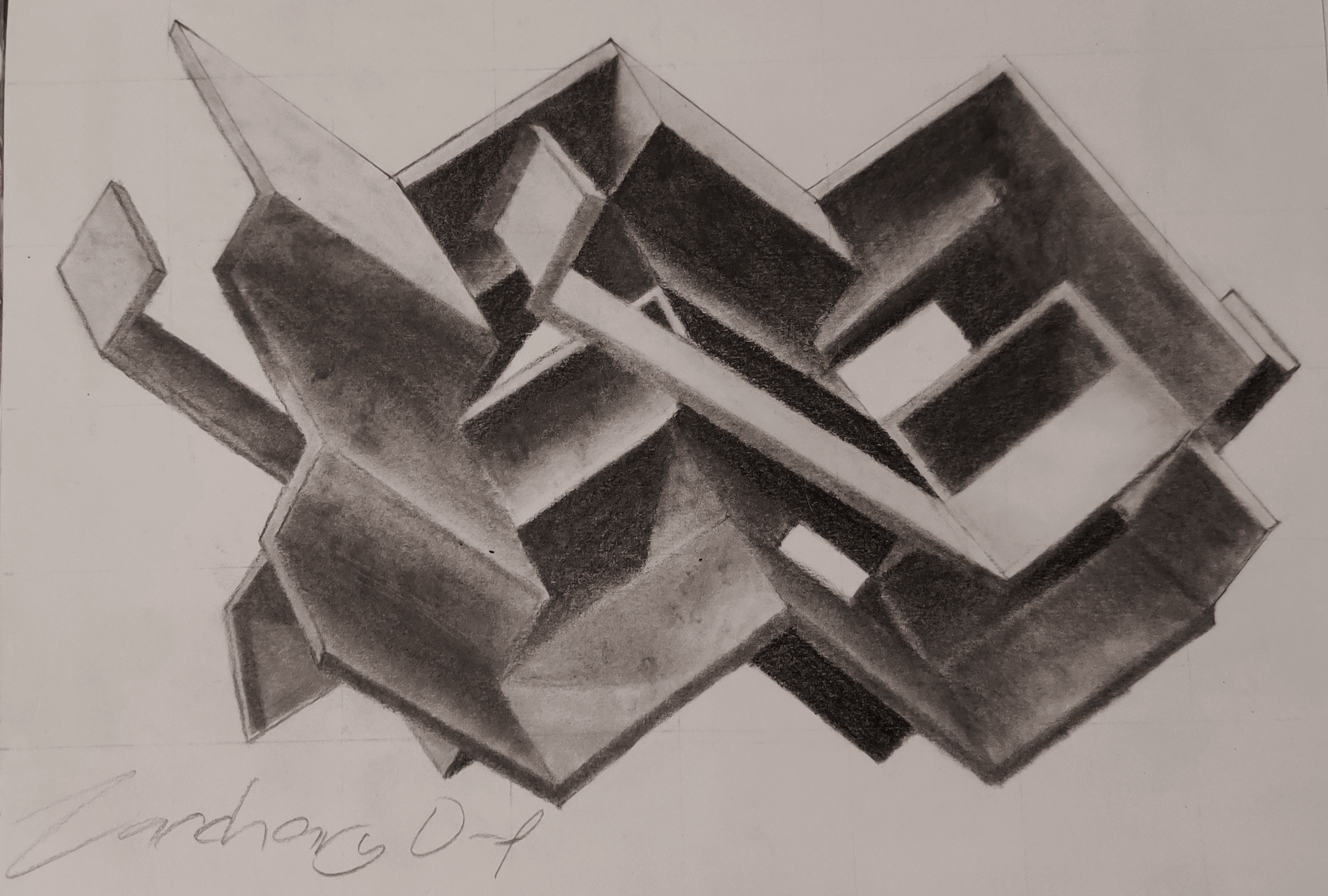A pencil drawing of an abstract geometric sculpture.