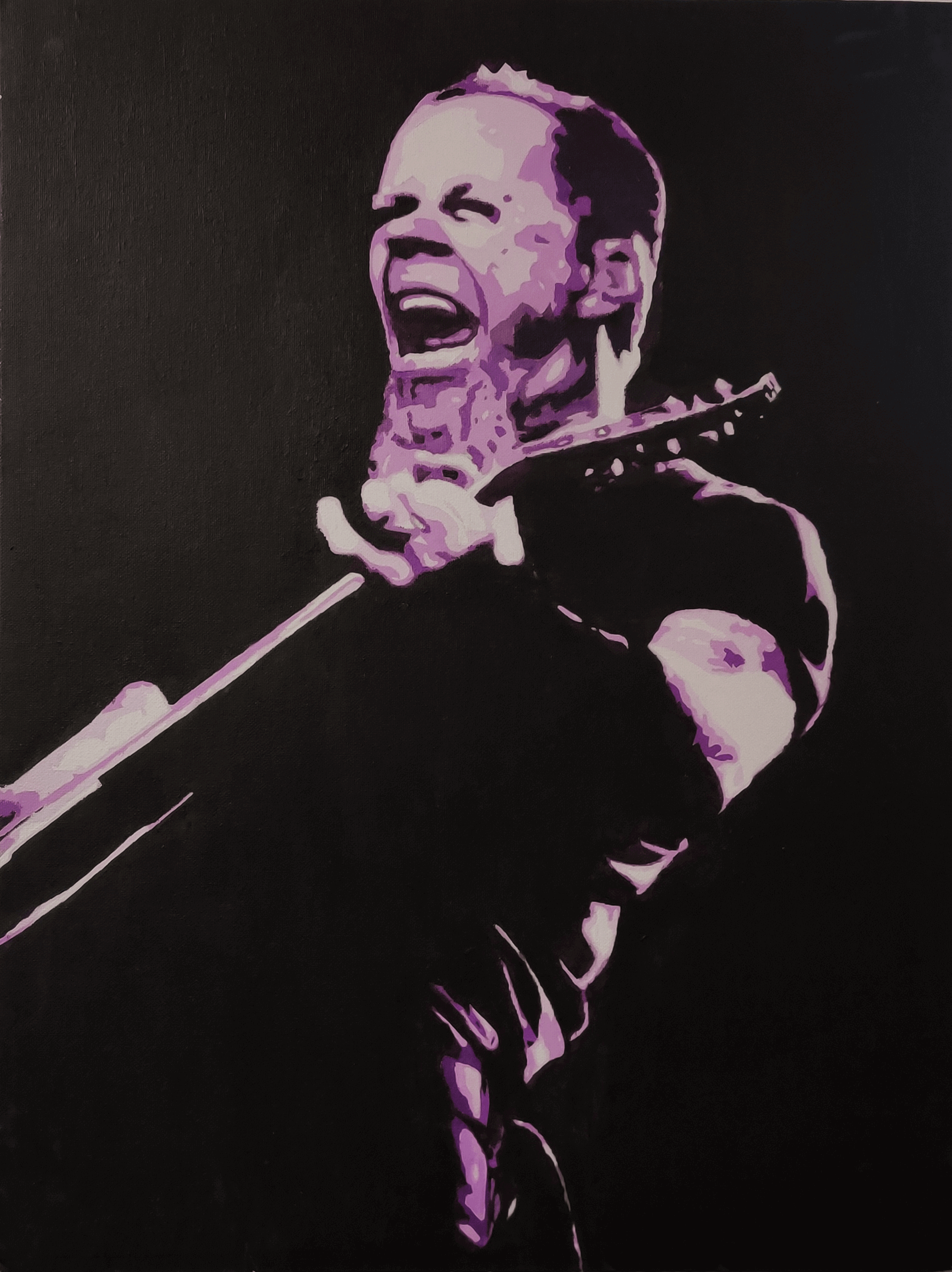 A stylized purple painting of James Hetfield, lead singer of Metallica.