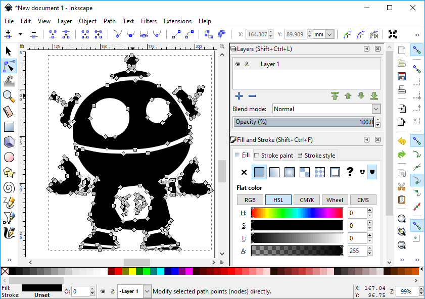 The Inkscape document with the trace selected with the Node tool (showing each node in the path).