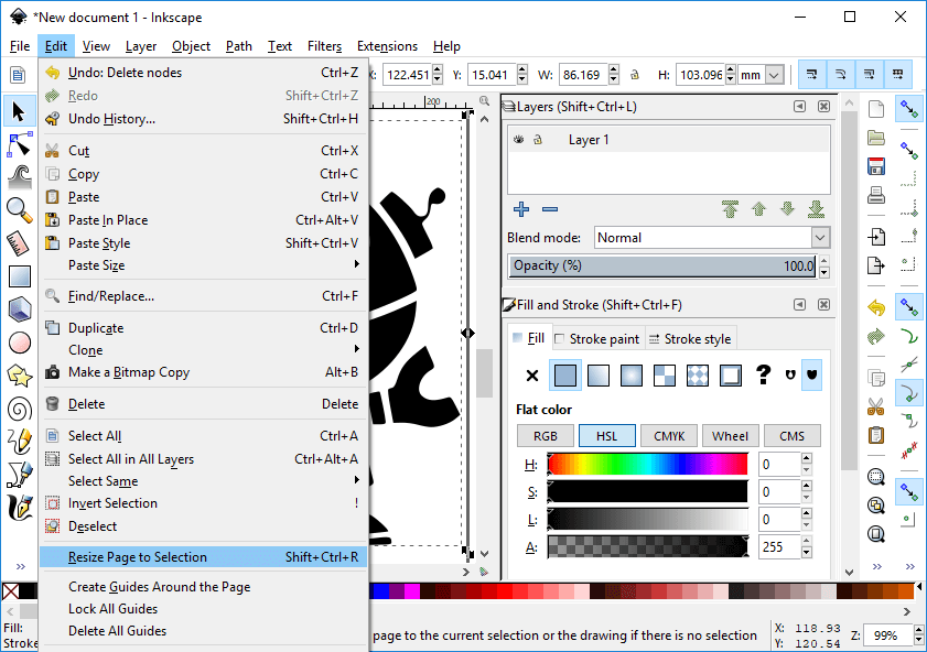 An Inkscape document with the "Edit" menu open and the "Resize Page to Selection"