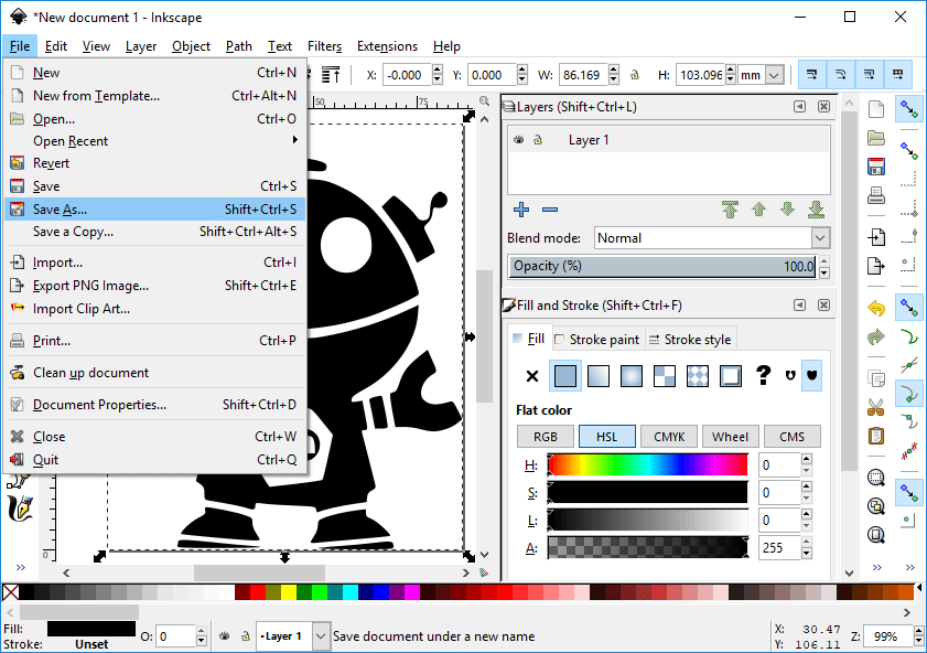 An Inkscape document with the "File" menu open with the "Save As..." button selected.