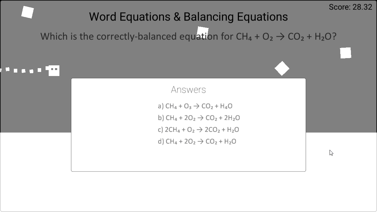 A screenshot of a question asking about balancing equations.