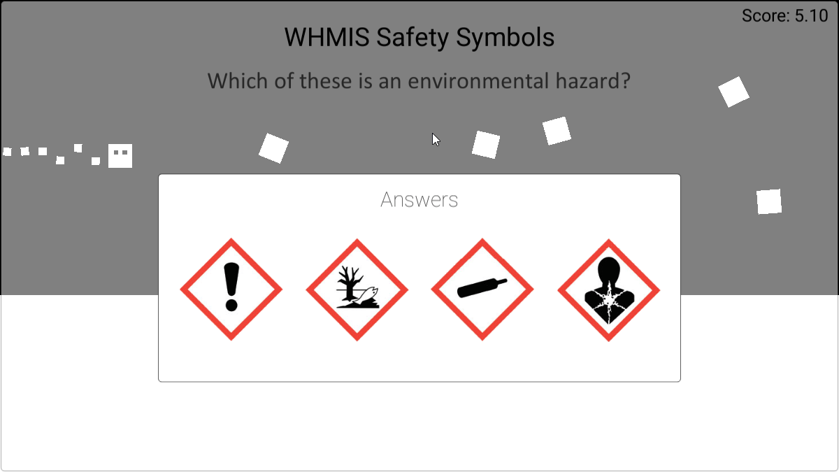 A screenshot of a question asking about WHMIS safety symbols.