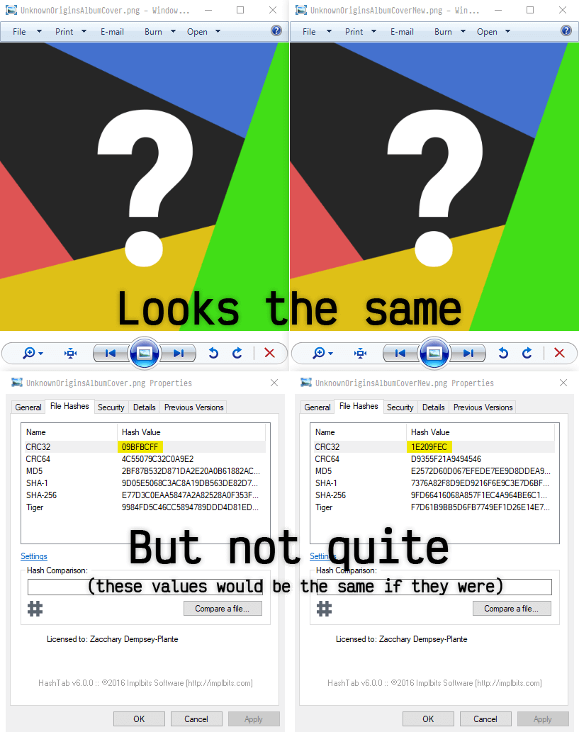 A screenshot of the original image and the one with the hidden information side-by-side, showing that they look the same but they are different.