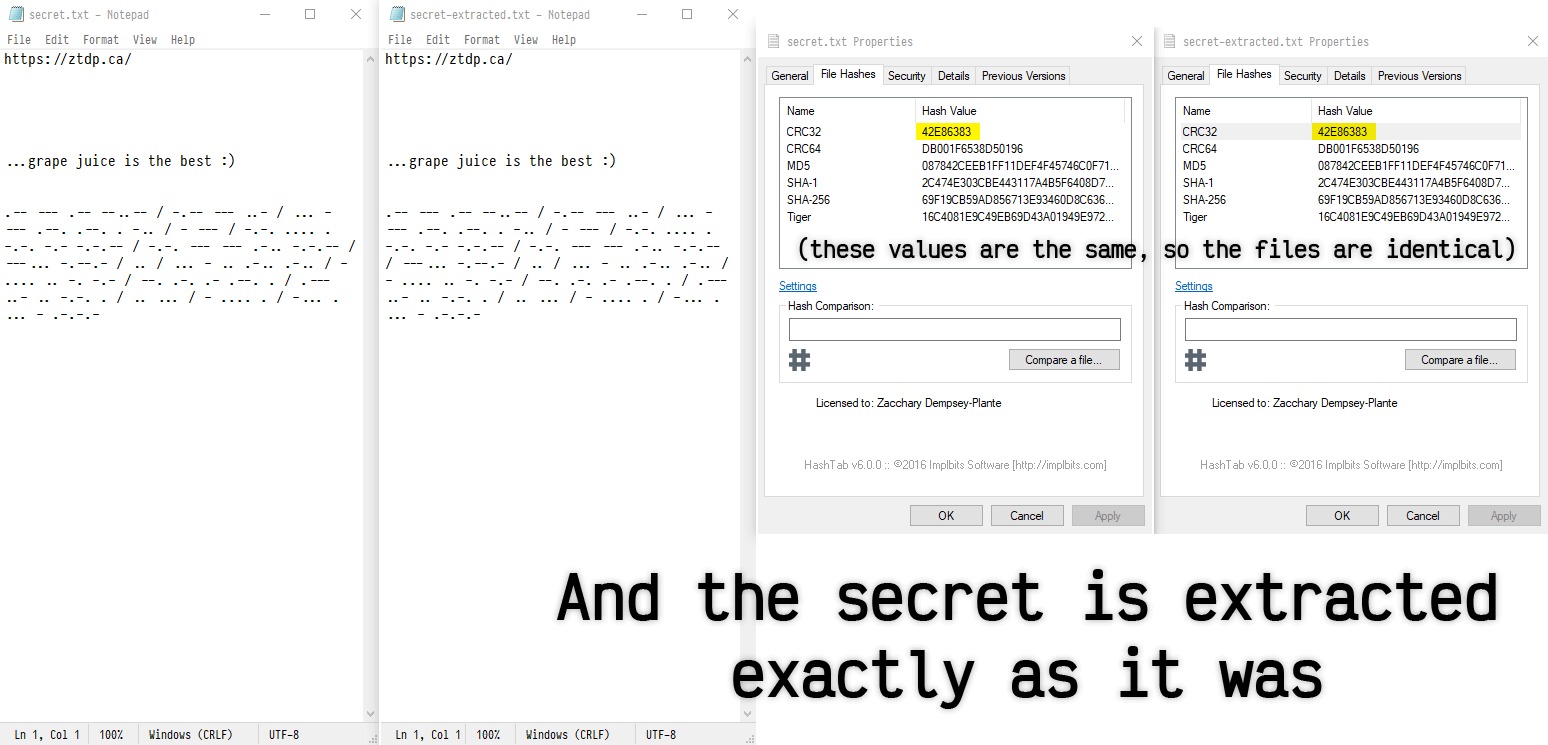 A screenshot of the original secret message and the secret message extracted from the image, showing that they are the same.