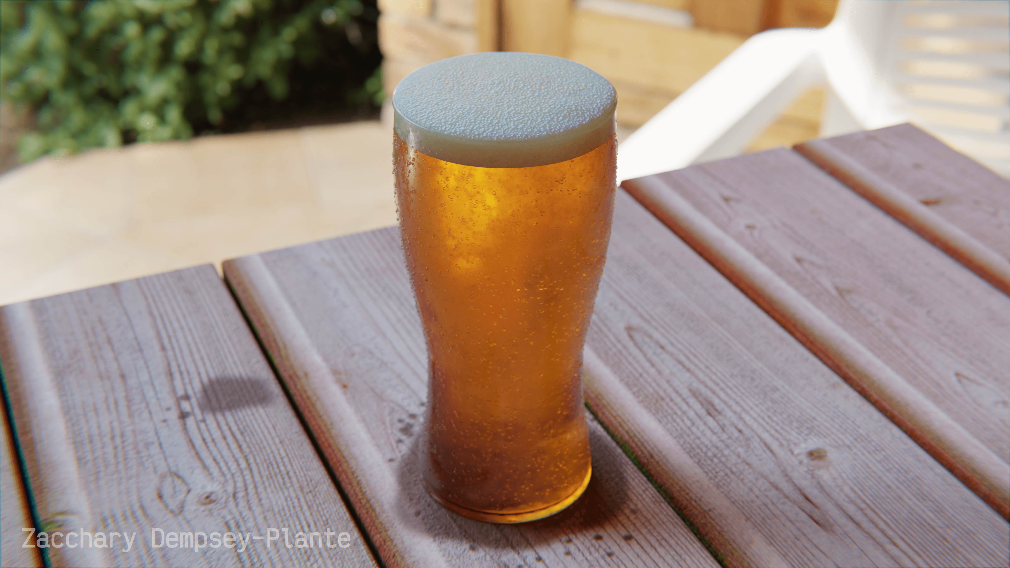 A still shot of a cold beer sitting on a veranda.